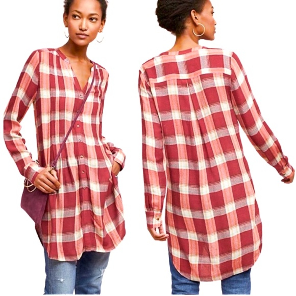 Anthropologie Red Plaid Tunic Top